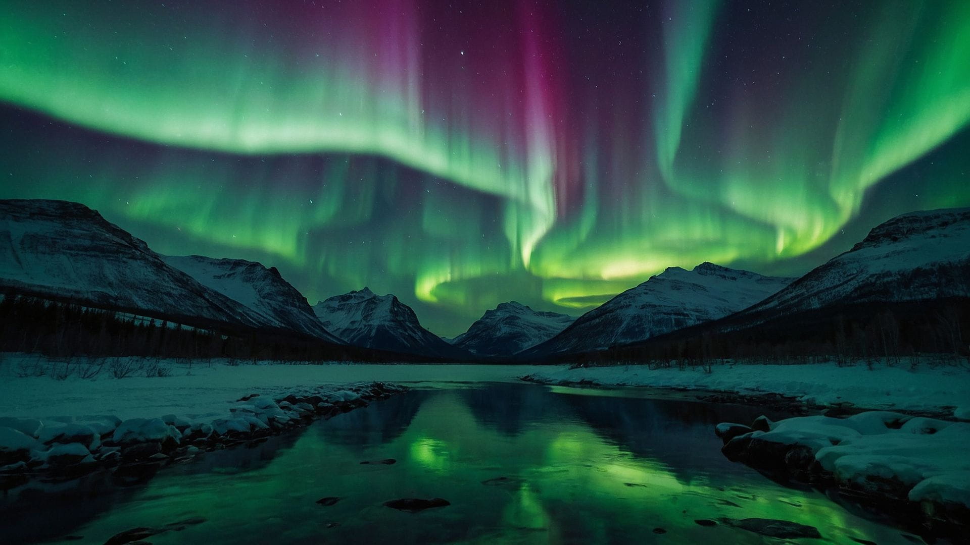 Vibrant northern lights aurora borealis over snow-capped mountains and calm waters, a remote private charter flight destination.
